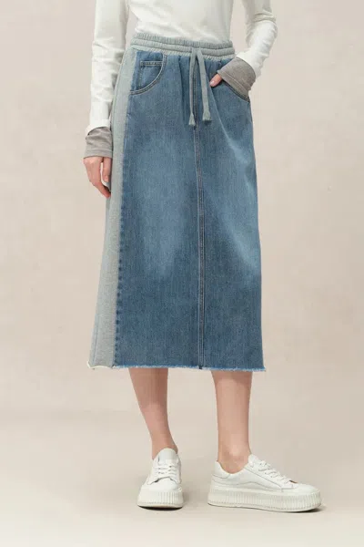 Fabrique Elvin Patchwork Midi Skirt In Cotton Denim In Blue