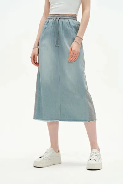 Fabrique Elvin Patchwork Midi Skirt In Cotton Denim In Blue