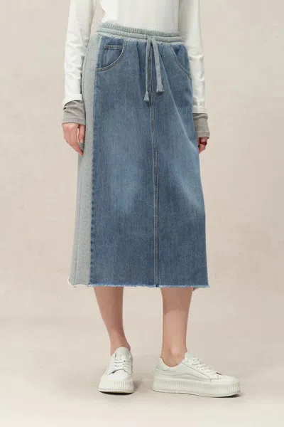 Fabrique Elvin Patchwork Midi Skirt In Cotton Denim - Deeper Blue Washed