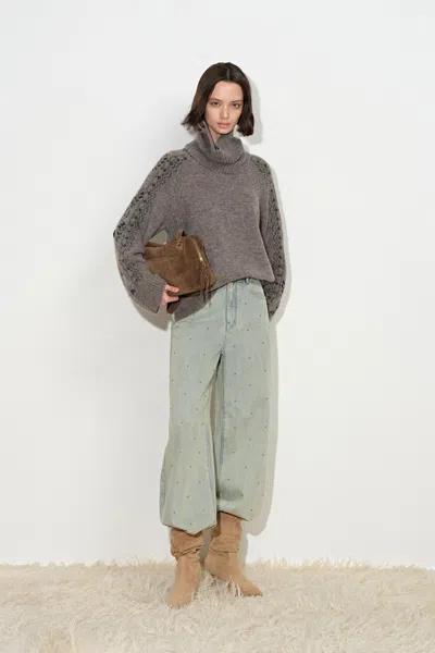 Fabrique Ember Hand Embroidered Vine Jacquard Sweater With Scarf Collar In Gold