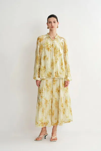 Fabrique Emery Semi Sheer Sleeve Blouse In Burnout Silk Georgette In Yellow