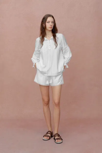 Fabrique Emily Embroidered Collar Top And Shorts Matching Set In Silk Cotton Blend In White