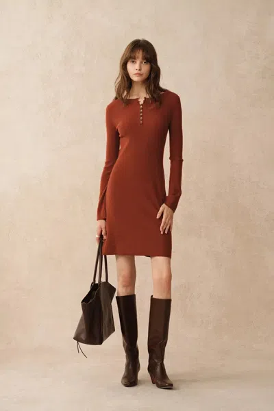 Fabrique Emily Red Henley Collar Fitted Short Dress In Merino Wool Knit In Orange