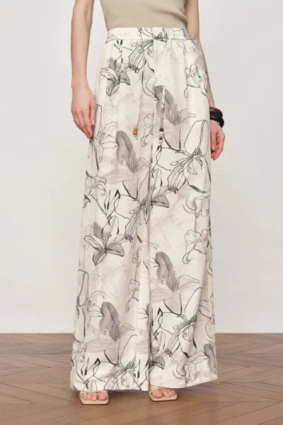 Fabrique Emma Handpainted Floral Elastic Waist Wide Leg Pants In Linen Blend In White