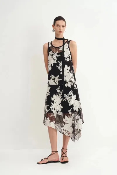 Fabrique Esme Two-piece Layering Floral Sleeveless Dress In Embroidered Lace In Black