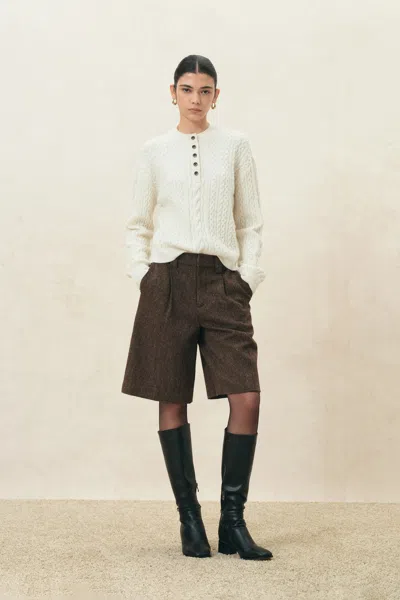 Fabrique Esther Henley Sweater In Wool Blend Cable Knit In White