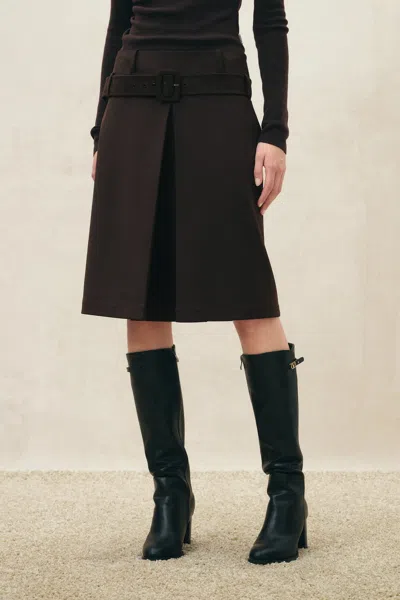 Fabrique Eterea Belted Pleated Skirt In Faux Suede In Earth Tone