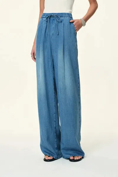Fabrique Eva Draped Drawstring Wide Leg Jeans In Lyocell Acetate Denim In Blue