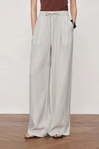Fabrique Eva Ivory Ruched Drawstring Wide Leg Casual Pants In Lightweight Linen Blend In Animal Print