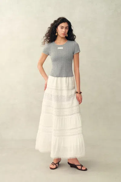 Fabrique Eva Scalloped Lace Trim Fitted Sleeve T-shirt In Hollow Knitting In Gray