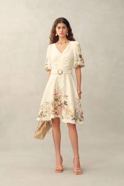 Fabrique Eve Handpainted Floral Belted Puff Sleeves Dress In Silk Linen Blend In Neutral