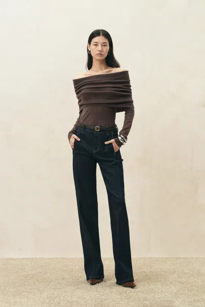 Fabrique Evelyn Convertible Off Shoulder Draped Top In Cotton Blend In Brown