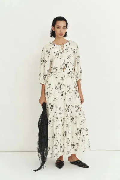 Fabrique Evelyn Handcrafted Beads Wildflower Dress In Silk Twill In White