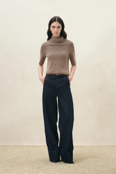 Fabrique Evelyn Short Sleeve Turtleneck Sweater In Cotton-wool Yarn In Earth Tone