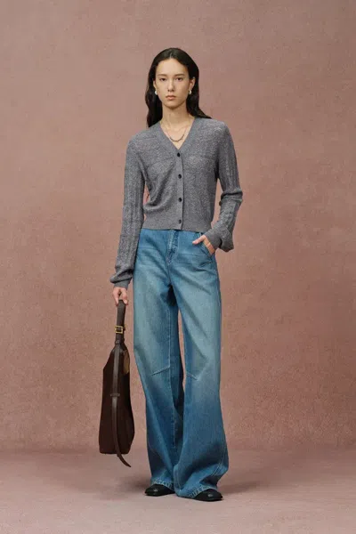 Fabrique Faye V Neck Cropped Hand Crocheted Cardigan In Merino-cashmere Knit In Gray