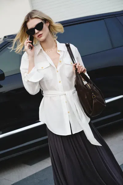Fabrique Faye White Belted Roll Tab Sleeves Safari Blouse