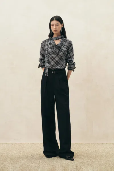 Fabrique Fern Plaid Scarf Tie Blouse In Black