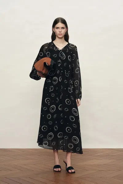 Fabrique Fideli Hand Painted Drawstring Faux Pearl Dress In Silk Blend Chiffon In Black