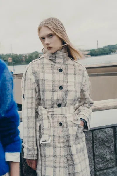 Fabrique Fleur Textured Plaid Belted Long Coat In Wool Blend In White