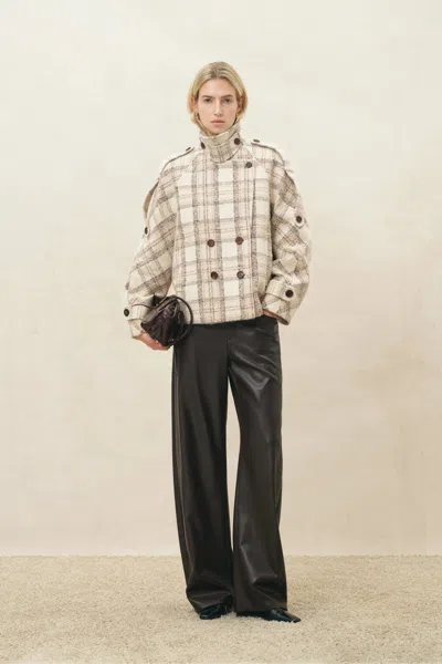 Fabrique Fleur Textured Plaid Cropped Coat In Wool Blend In Multi