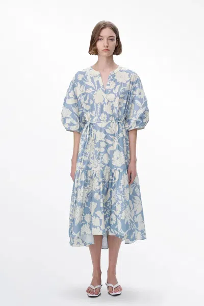 Fabrique Flora Dropped Puff Sleeve Dress In Blue