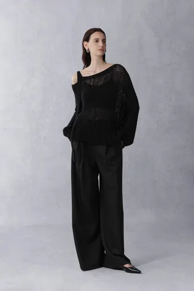 Fabrique Flore Cold Shoulder Distressed  Long Sleeve Top In Merino Alpaca Knit In Black