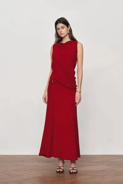 Fabrique Florence Asymmetrical Draped Sleeveless Top And Skirt Set In Cotton Modal Blend Knit In Red