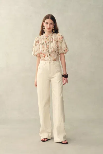 Fabrique Floris Floral Print Sheer Lace Top In Silk Linen Blend In Neutral