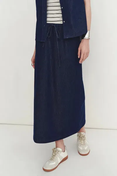 Fabrique Francesca Midi Skirt In Linen-cotton Denim In Blue