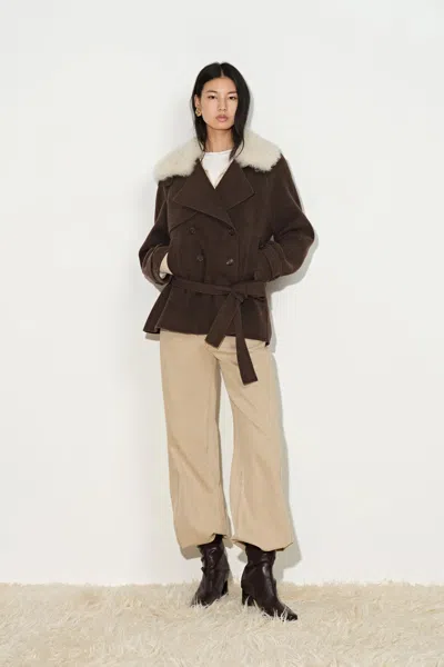 Fabrique Freya Belted Low Waist Cropped Coat In Wool Blend In Earth Tone