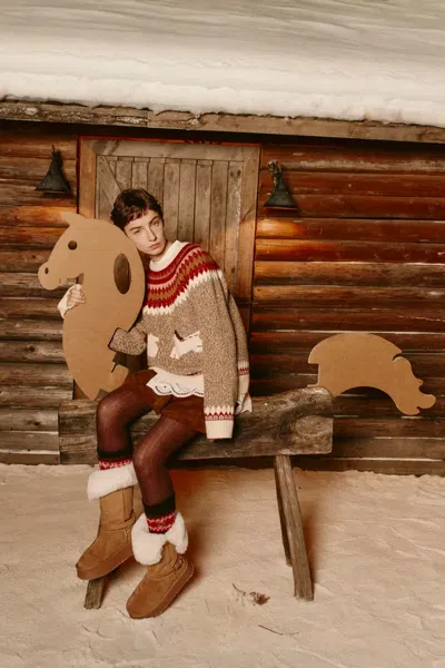 Fabrique Freya Fair Isle Pony Sweater In Merino Wool Blend Knit In Nude