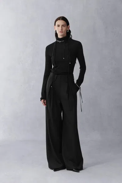 Fabrique Galatee Drawstring Gathered Collar Sweater In Merino Wool In Black