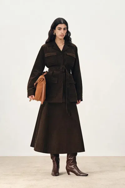 Fabrique Geraldine Vintage Look Belted Jacket In Cotton Corduroy In Brown