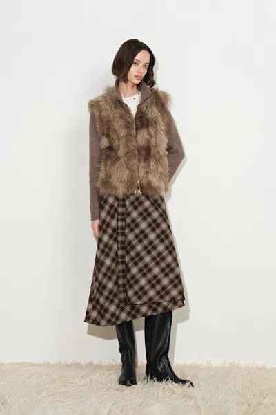 Fabrique Gianna Knit Panel Faux Fox Fur Jacket In Earth Tone