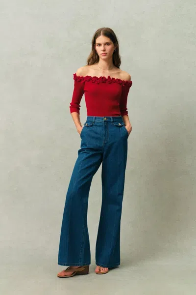 Fabrique Giulietta 3d Floral One Shoulder Short Sleeve Knit Top In Triacetate In Red