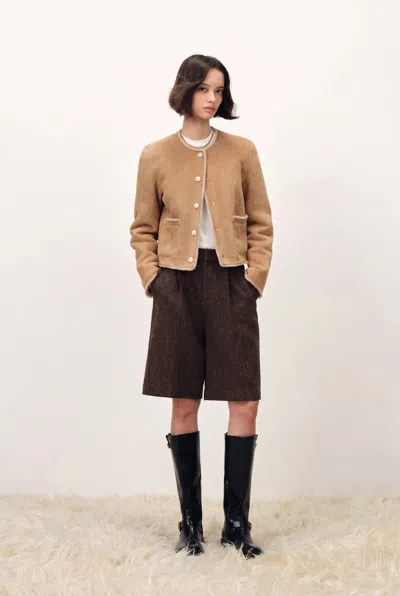 Fabrique Glynnis Reversible Boxy Cropped Jacket In 100% Wool Pile In Earth Tone