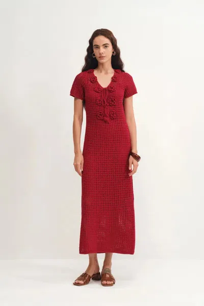 Fabrique Golf Floral Crocheted Knit Dress In Hemp Cotton Knit In Red