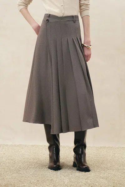 Fabrique Grace Pleated Wrap Houndstooth Skirt In Gray