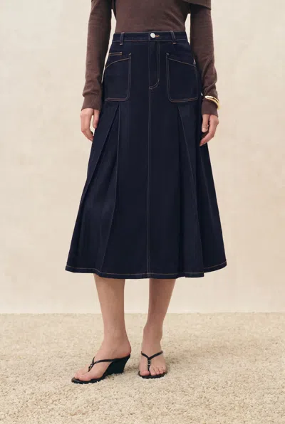 Fabrique Grace Topstitched Pleated Skirt In Lyocell Denim In Blue