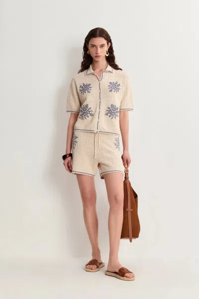 Fabrique Gracia Embroidered Blue Flora Collared Top And Shorts Matching Set In Linen Blend Knit In Yellow