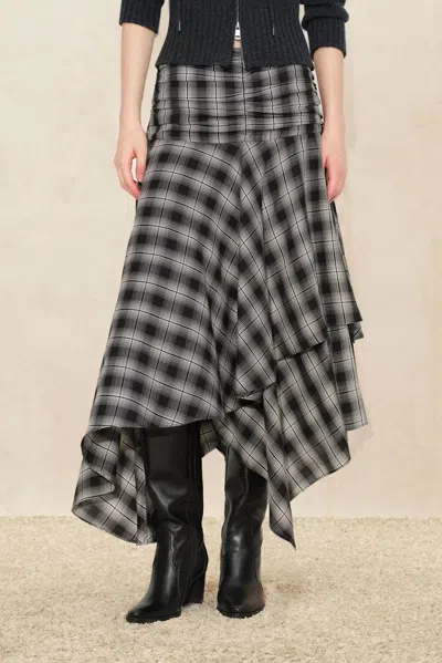 Fabrique Gracie Ruched Asymmetric Plaid Skirt In Black