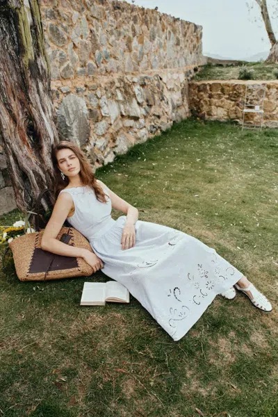 Fabrique Gracie Striped Embroidered Open-back Sleeveless Dress In Crinkled Cotton In White