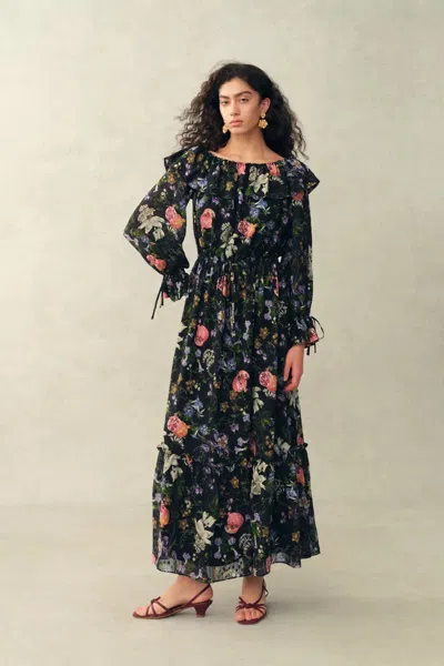 Fabrique Granata Off Shoulder Hand-painted Print Dress In Silk Georgette In Black