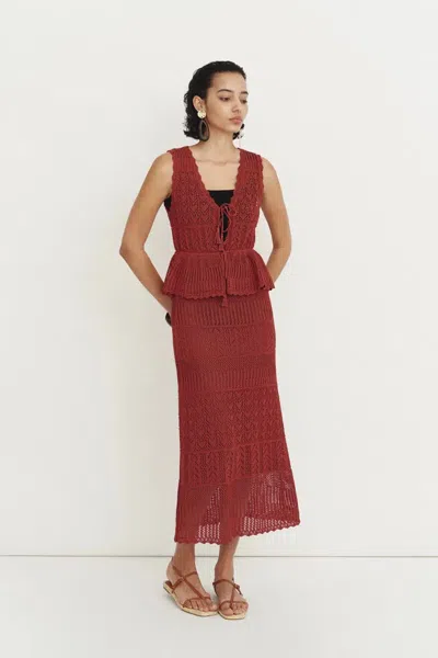 Fabrique Grazia Heart Shaped Openwork Sleeveless Top And Skirt Set In Linen Blend In Brown