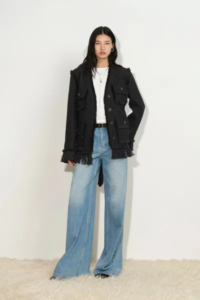 Fabrique Graziosa Belted Fringed Safari Jacket In Wool Tweed In Black