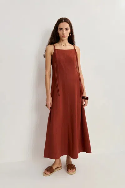 Fabrique Hala Egyptian Inspired Handcrafted Strap Dress In Linen Blend In Brown