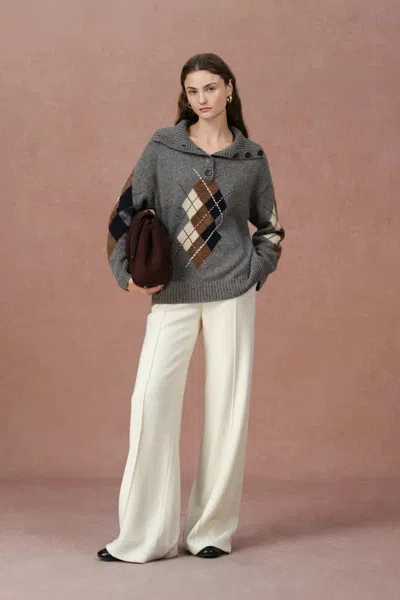 Fabrique Halsey Argyle Sweater In Merino Wool Silk Blend In Gray