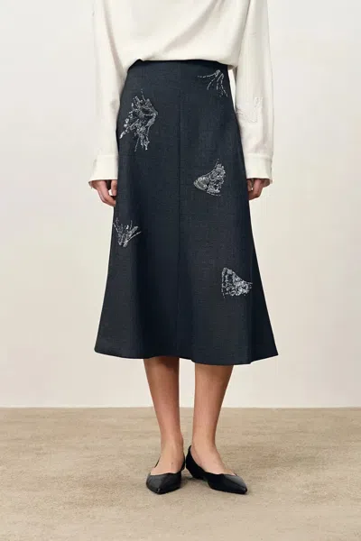 Fabrique Hannah Beadwork Midi Skirt In Wool Blend Suiting In Gray