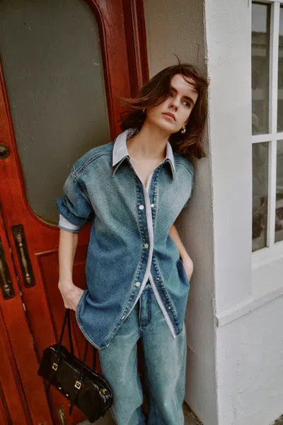 Fabrique Harlow Striped Contrast Patchwork Shirt In Cotton Denim In Blue