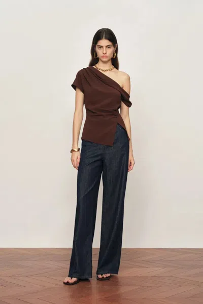 Fabrique Hazel Asymmetric Ruched One Shoulder Side Slit Fitted Top In Triacetate Blend In Black